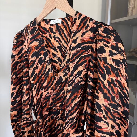 Sandro Lunas Leopard Animal Print Silk Wrap Dress 1 Long Sleeve Belted  Mini - Picture 2 of 6
